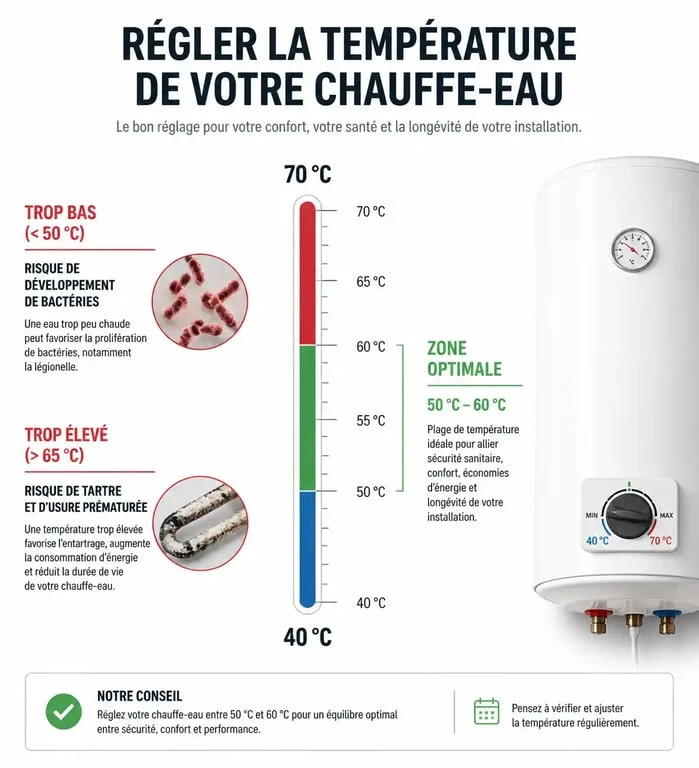 Infographie sur la température idéale pour chauffe-eau et les risques associés