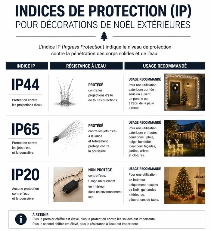 Infographie des indices de protection IP pour la décoration de Noël extérieure et la sécurité électrique