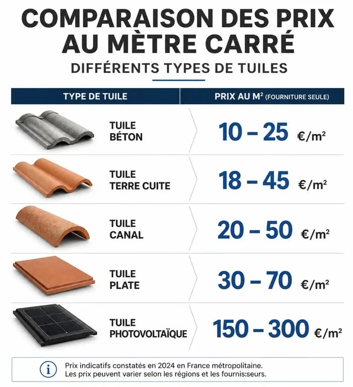 Comparatif des prix au m2 des différents types de tuiles pour toiture