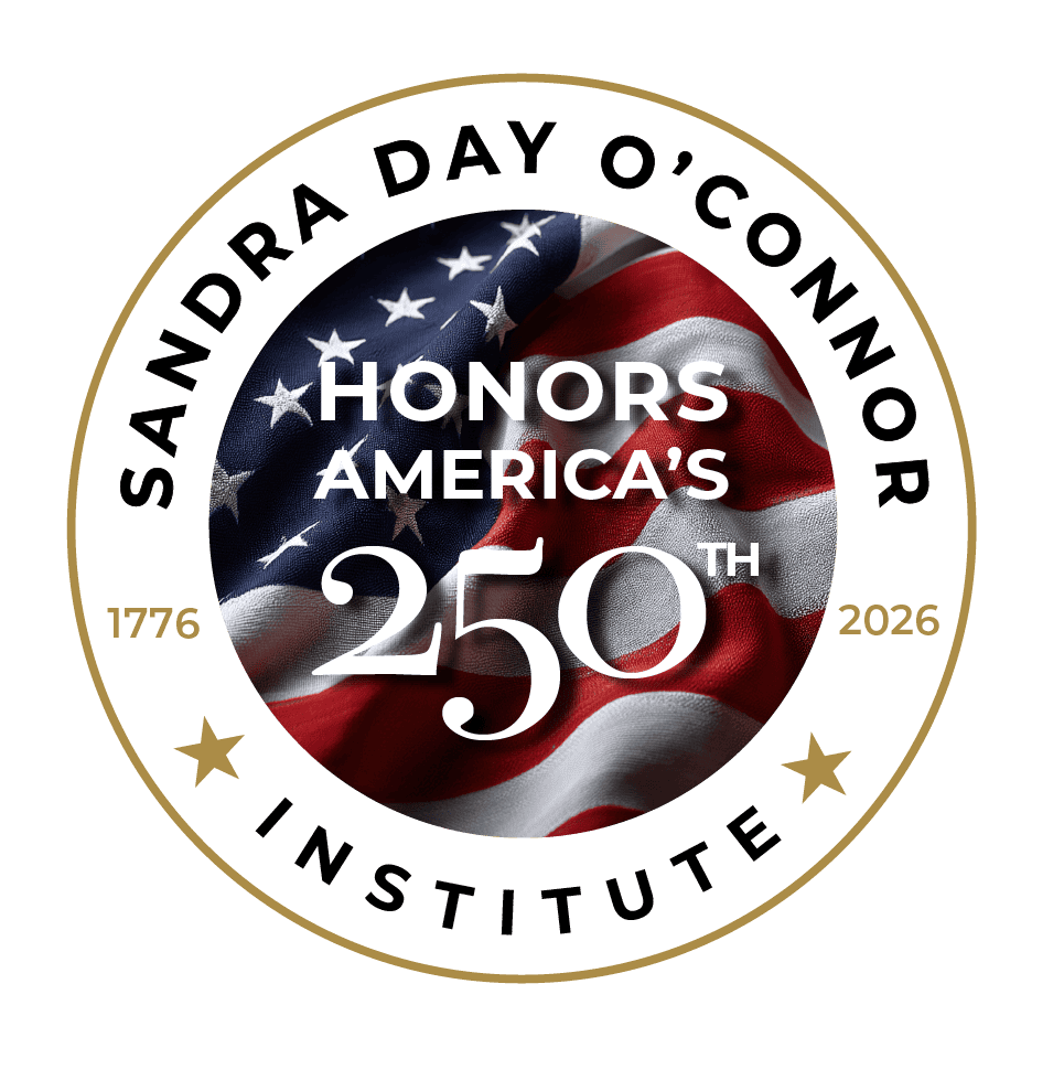 A circular logo with an American flag in the center celebrates America’s 250th; text reads "Honors America’s 250th," and the outer ring says "Sandra Day O’Connor Institute" with the years 1776 and 2026.