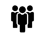 Simple black icon of three human figures, with one in front and two slightly behind, representing a group or community—perfect for illustrating programs like Camp O'Connor or Civics Camp—on a light gray background.