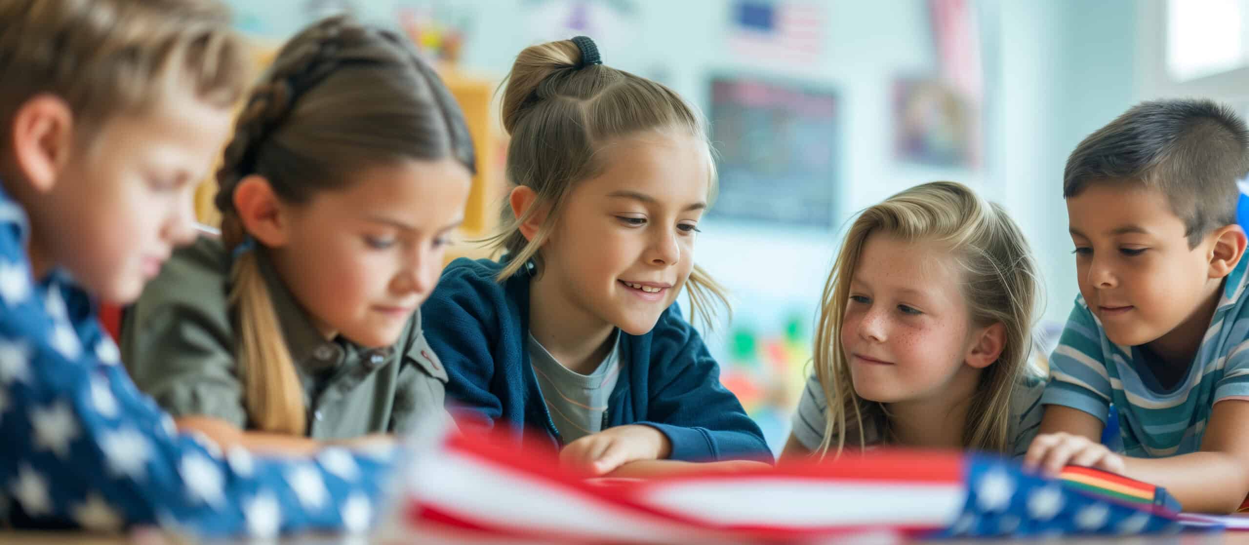 A group of young children sit together around a table, focused on a red and white object in the foreground. They are in a classroom with educational posters and an American flag in the background. The atmosphere is cheerful and engaging.