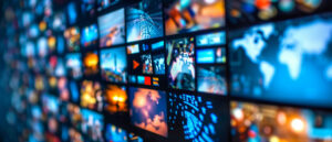 A wall of colorful digital screens displays various images, including maps, cityscapes, data graphics, and abstract visuals. The scene suggests a high-tech, multimedia environment with a focus on global communication and information.