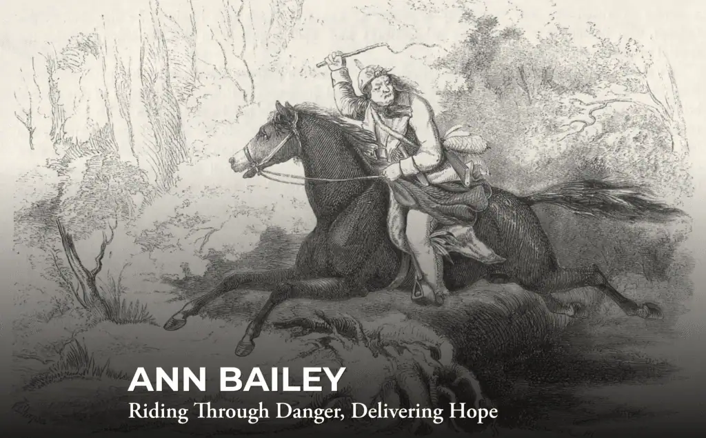 Black-and-white illustration of a woman riding a galloping horse through a forest, holding a raised hatchet. Text reads: "ANN BAILEY: Riding Through Danger, Delivering Hope.