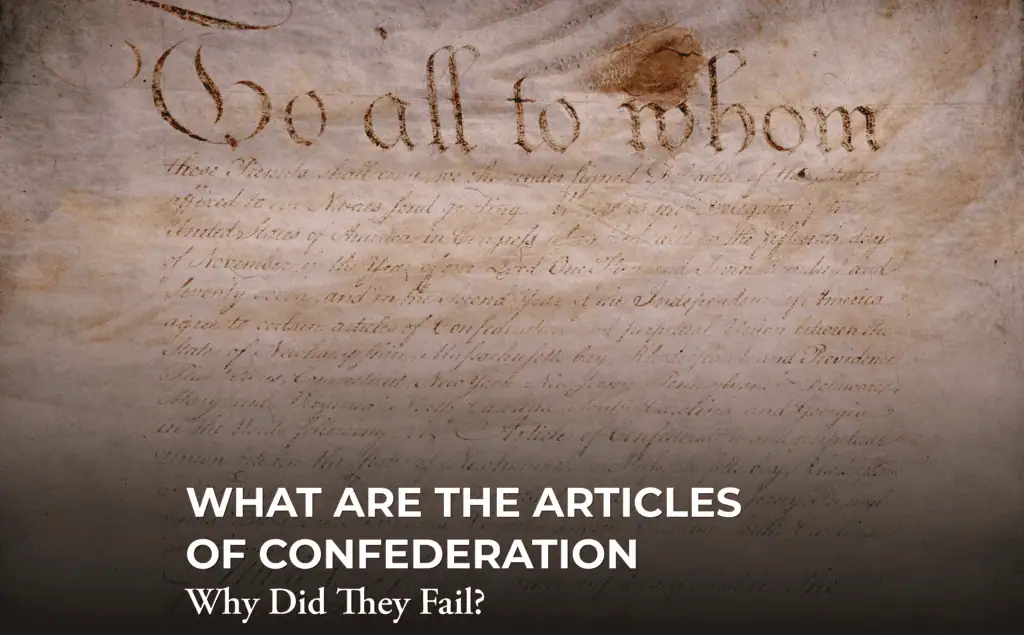A close-up of the Articles of Confederation document with the words “WHAT ARE THE ARTICLES OF CONFEDERATION” and “Why Did They Fail?” overlaid at the bottom.
