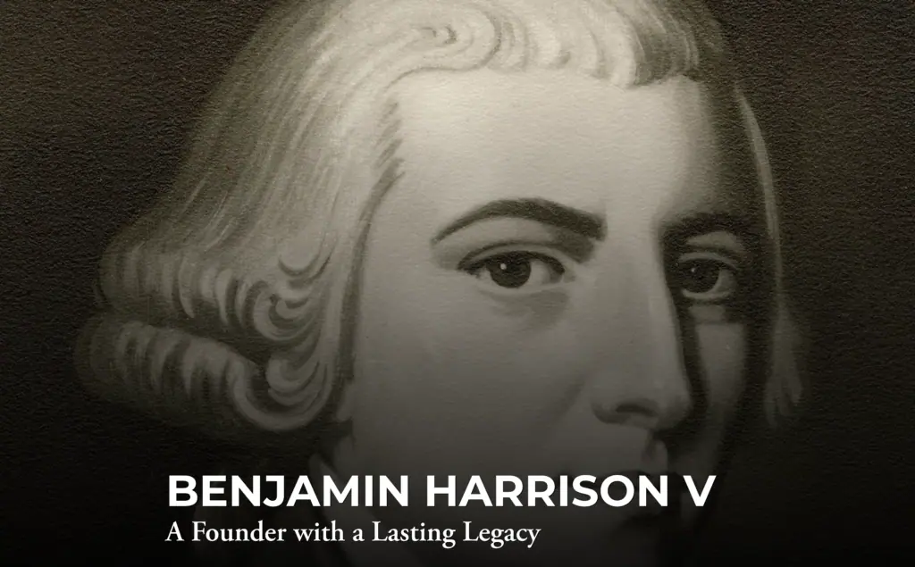 A grayscale close-up illustration of a man with white hair. Text at the bottom reads: "BENJAMIN HARRISON V A Founder with a Lasting Legacy.