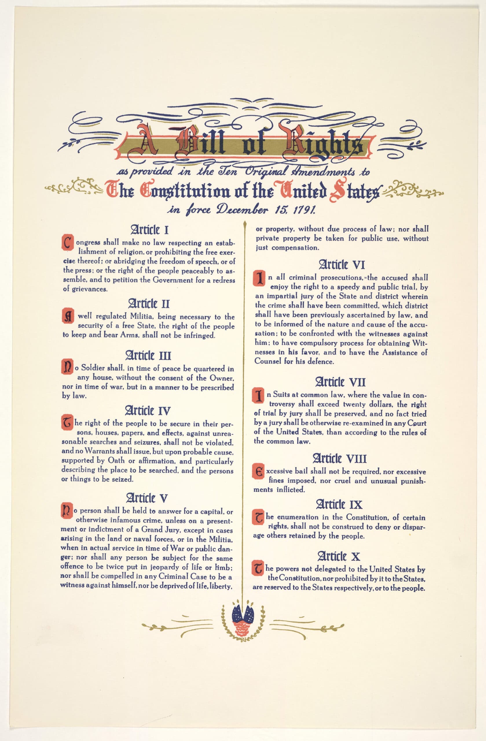 A decorative printed document of the Bill of Rights, listing the first ten amendments to the U.S. Constitution, features colorful calligraphy and ornate flourishes, blending art and student perspectives, with a U.S. seal at the bottom.