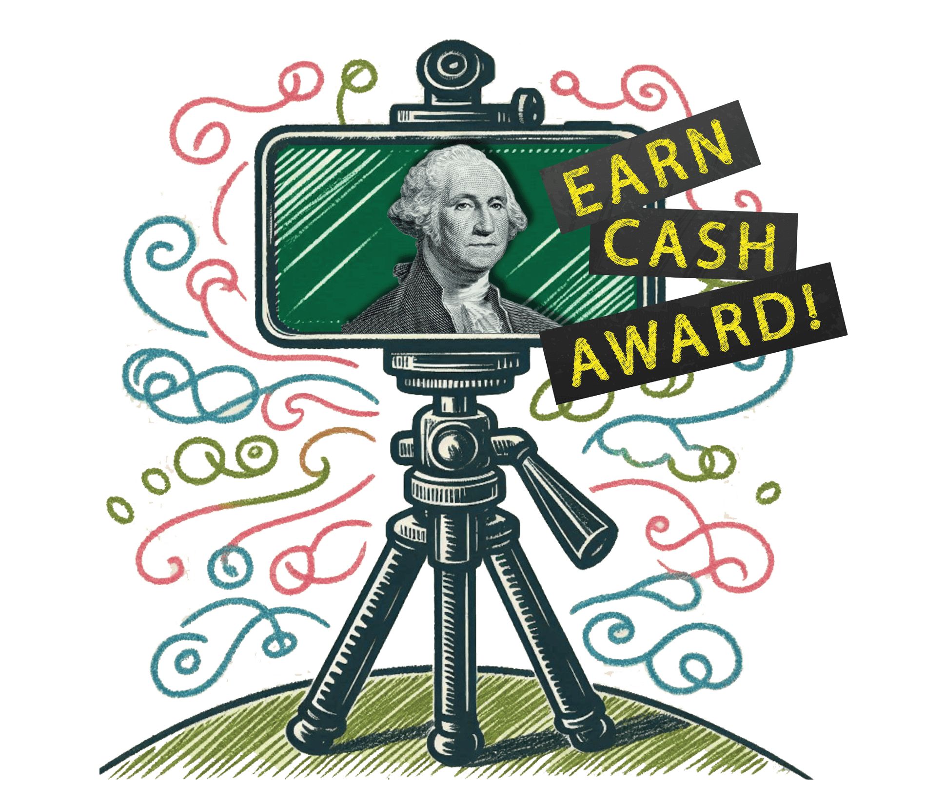 Illustrated image of a camera on a tripod with a screen displaying a portrait. Colorful swirls adorn the background. Text on the image reads, "Earn Cash Award!.