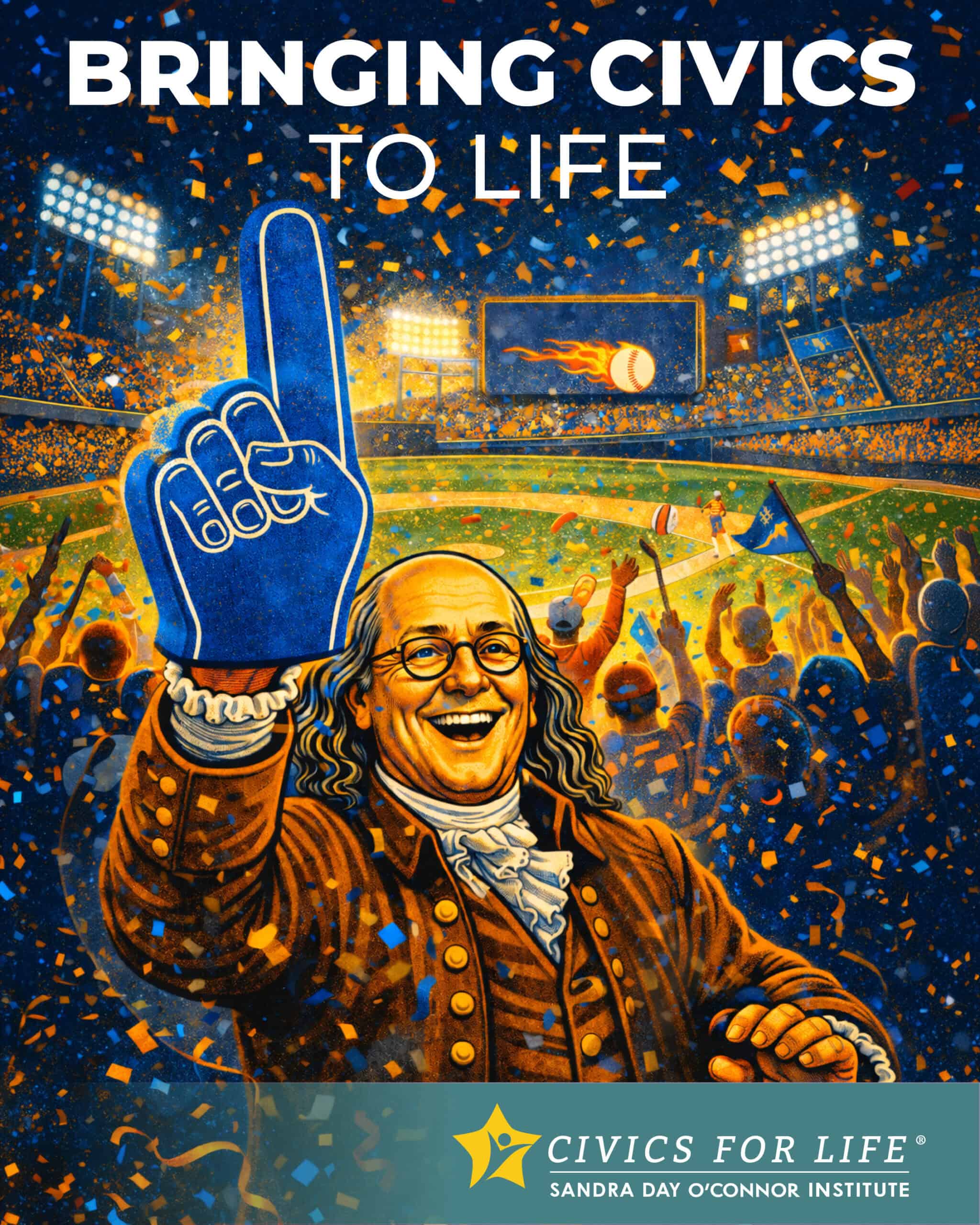 An illustration of Benjamin Franklin cheering at a lively baseball game, wearing a foam finger. The crowd and The Citizen are excited as fireworks light the stadium. Text reads “Bringing Civics to Life.” Civics for Life logo is at the bottom.