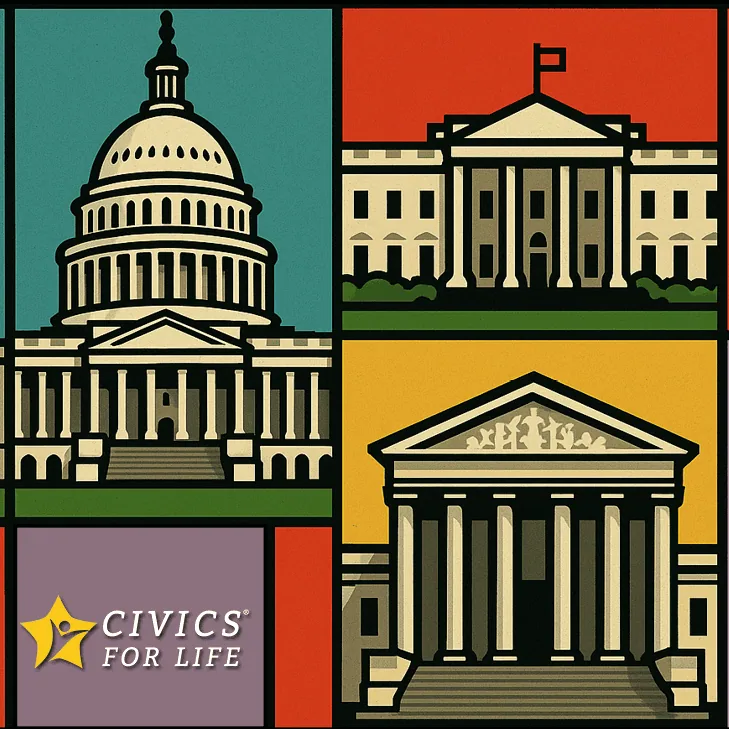 A stylized illustration of the U.S. Capitol, White House, and Supreme Court, with the "Civics for Life" logo in the lower left corner. The images are set against colorful, divided backgrounds.