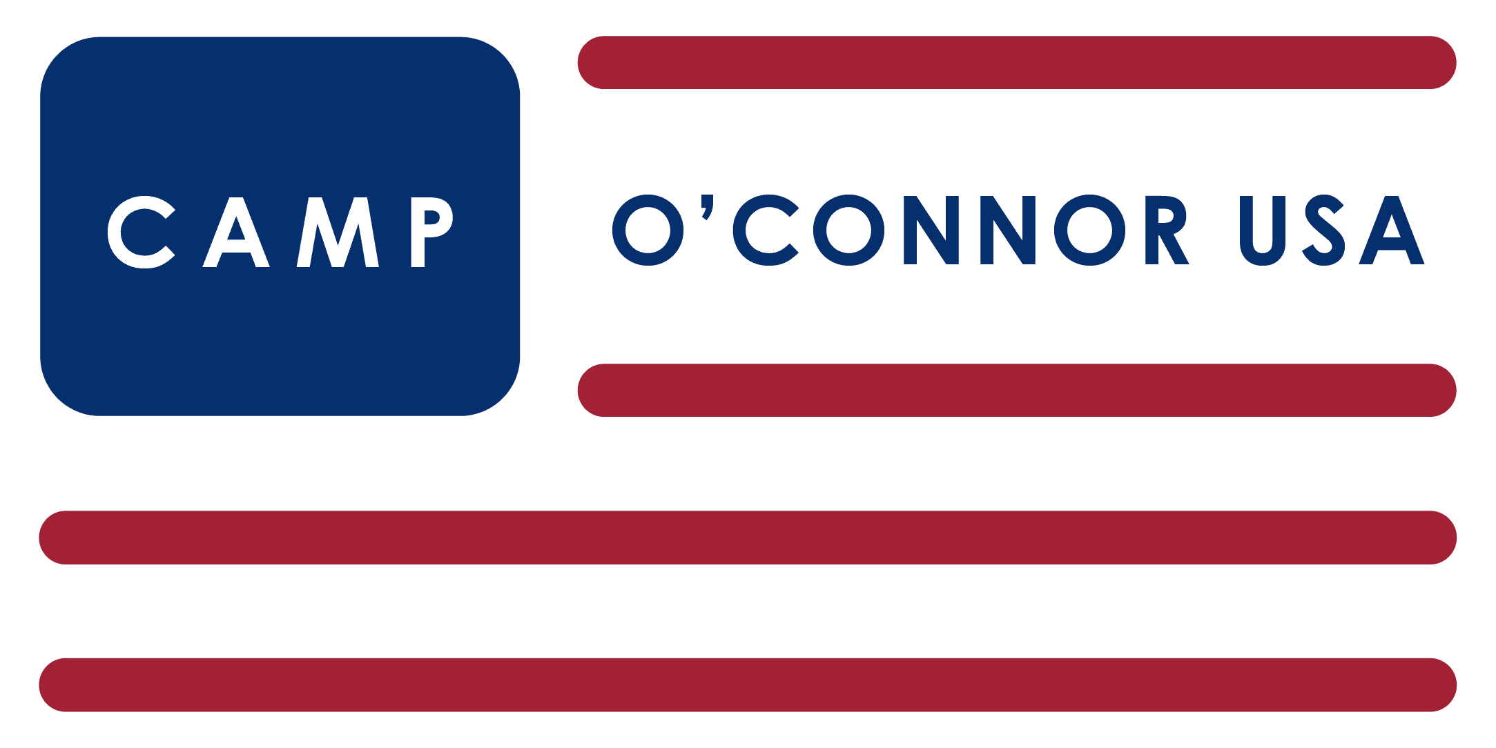 Logo with a blue rectangle on the left containing the word "CAMP" in white, and to the right, "O'CONNOR USA" with three horizontal red lines below—evoking the U.S. flag and symbolizing donations supporting American initiatives.