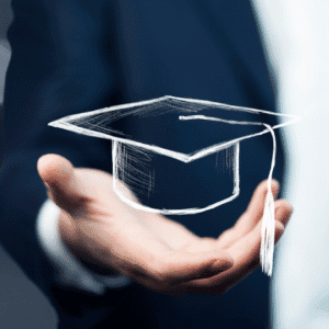 A person in a suit holds out their hand with a digitally drawn graduation cap floating above their palm, evoking the spirit of Carnegie and symbolizing education or achievement.