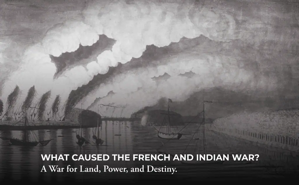 Black-and-white illustration of a waterfront battle scene, with buildings burning and large plumes of smoke rising into the sky. Canoes or boats are visible on the water. Text reads: “What caused the French and Indian War?”.