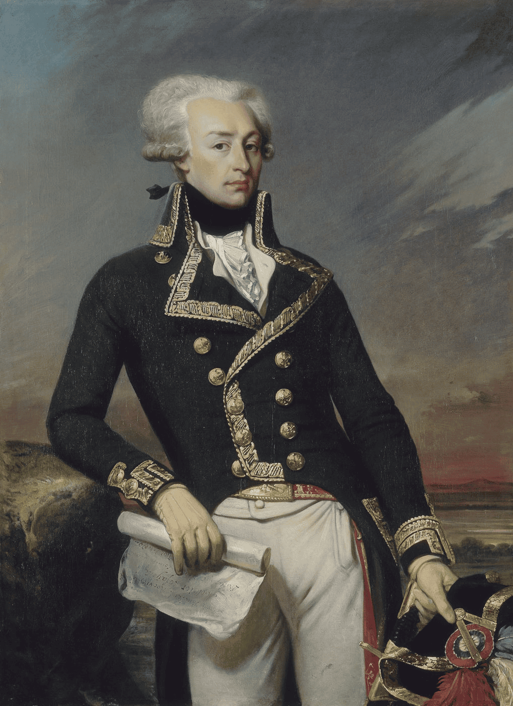 A man in an ornate military uniform with gold trim stands holding a scroll and a black bicorne hat, as if commemorating Constitution Day. He has white hair, a serious expression, and a dramatic sky in the background.
