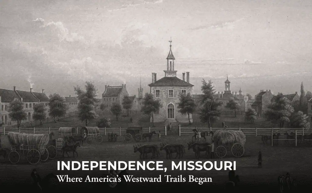 A historic illustration of a town square with wagons, people, and a central building, labeled “Independence, Missouri. Where America’s Westward Trails Began.”.