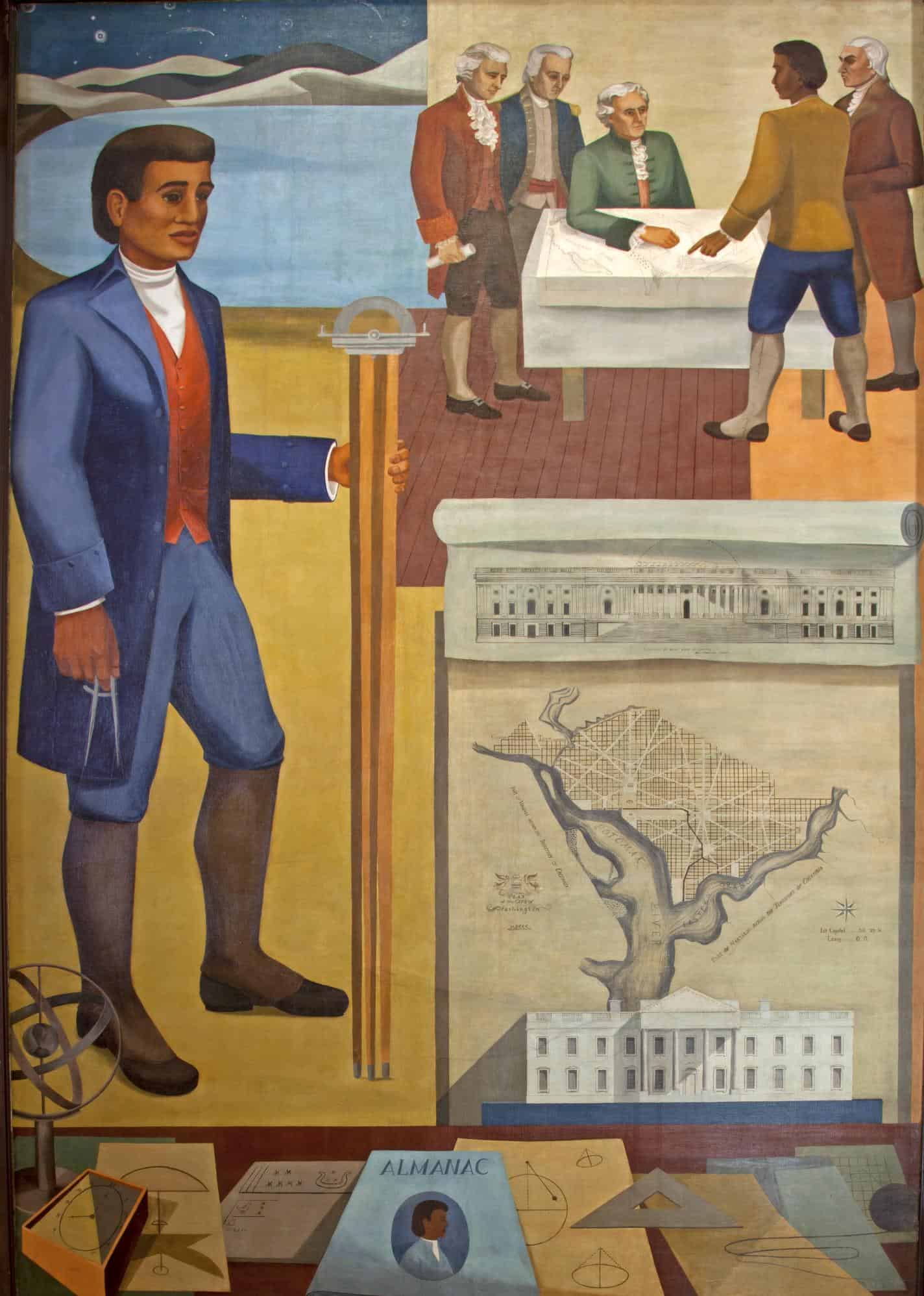 A mural for Black History Month depicts Benjamin Banneker holding surveying tools. In the background, men study maps and a blueprint of Washington, D.C., highlighting his contributions to U.S. history and achievements in science and engineering.