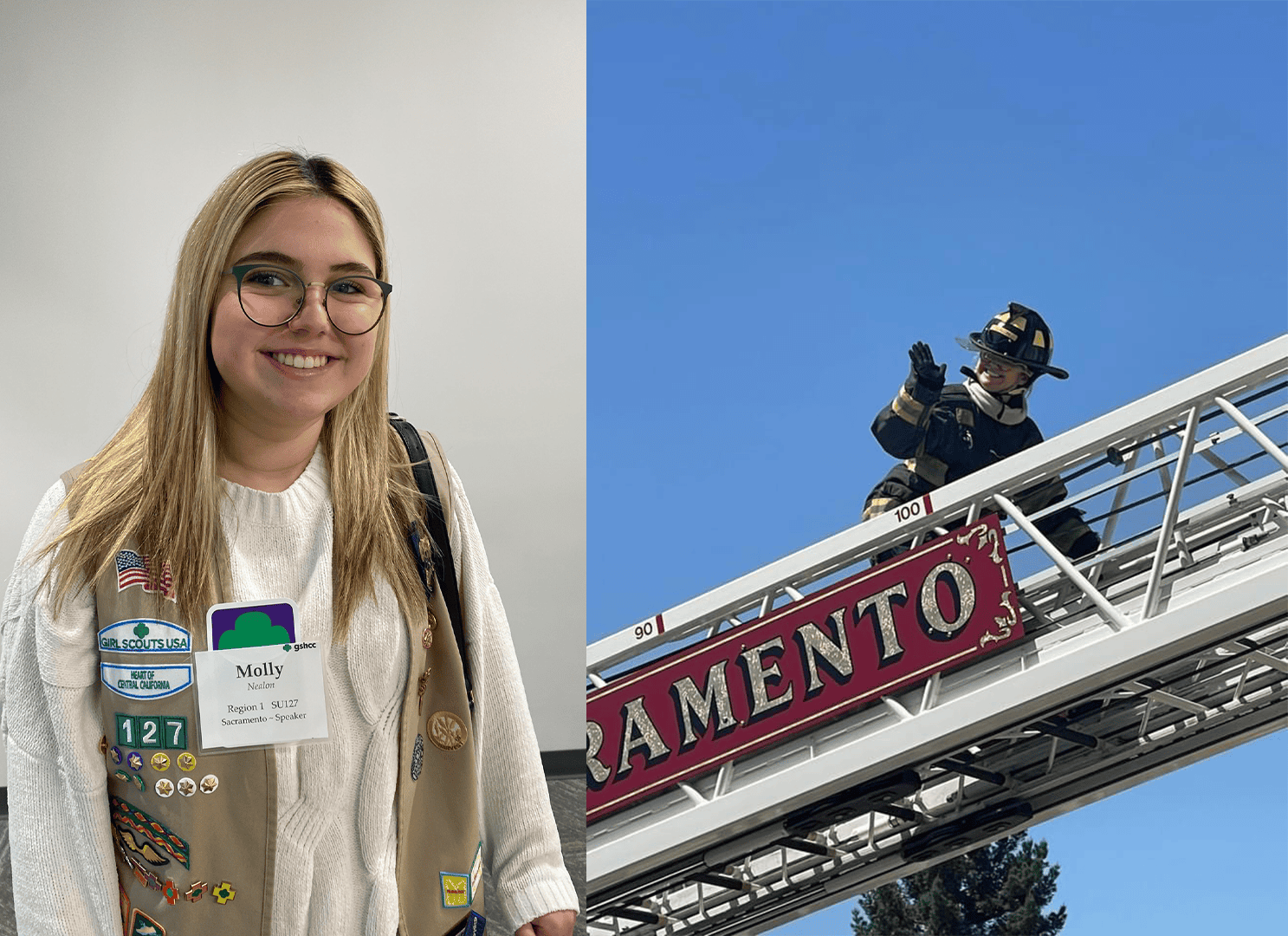 A smiling Girl Scout with badges stands indoors on the left, while a firefighter in uniform waves atop an extended Sacramento fire truck ladder outdoors on the right.