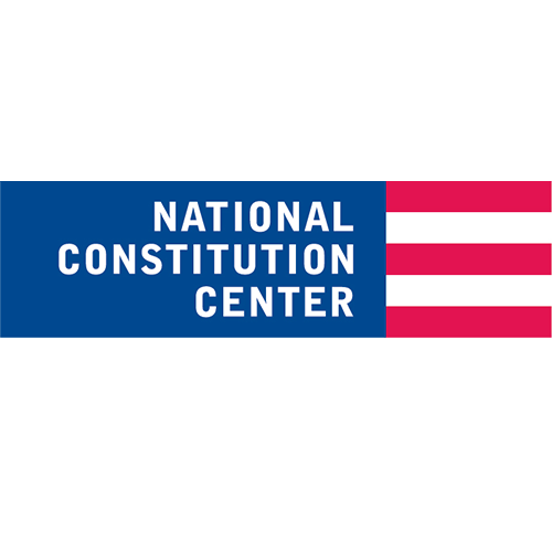 Logo of the National Constitution Center with white text on a blue background next to three horizontal red stripes, resembling elements of the American flag—a fitting tribute to Sandra Day O'Connor's legacy.