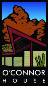 Stylized illustration of the O’Connor House, featuring a modern architectural design with a slanted roof, against a backdrop of red rock formations and a blue sky. A cactus is visible in the foreground.