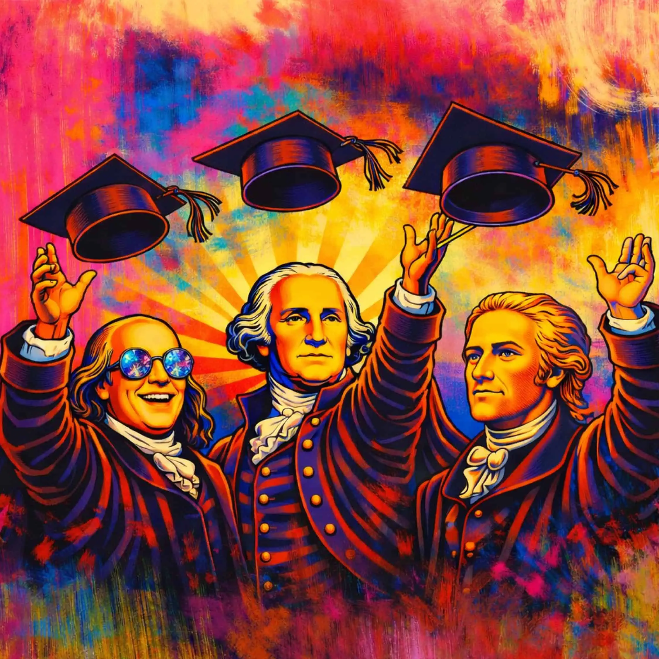 Three ambassadors in 18th-century attire joyfully toss graduation caps in the air against a vibrant, colorful background. One wears round sunglasses, while the others look proudly ahead.