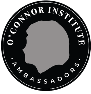 A circular black and white logo with the text "O’Connor Institute Ambassadors" surrounding a central, featureless gray silhouette, representing Student Perspectives and engagement.