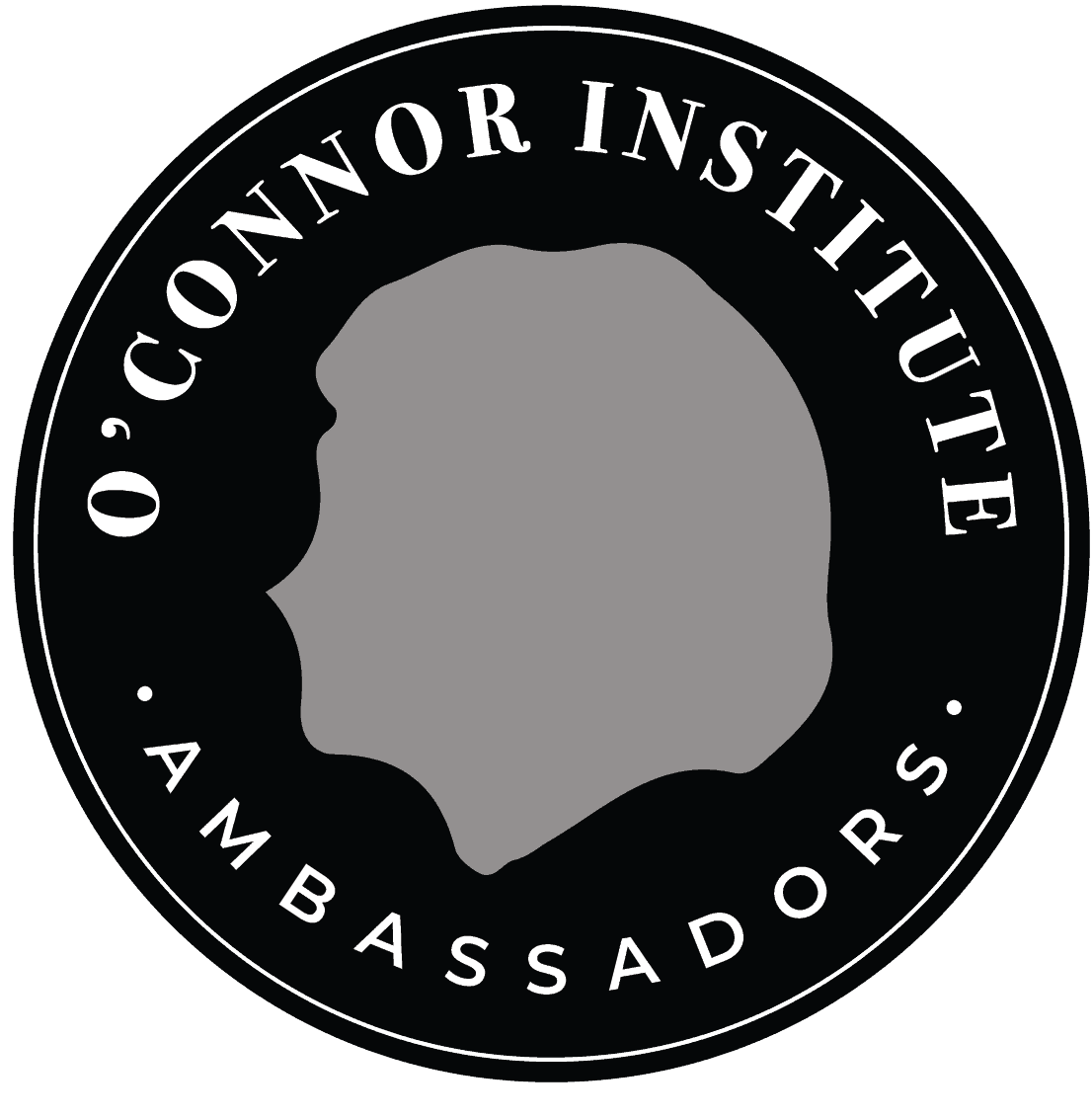 Logo of the O'Connor Institute Ambassadors features a silhouette profile in the center, surrounded by a circular border with the text "O'Connor Institute Ambassadors." The colors are primarily black and gray.