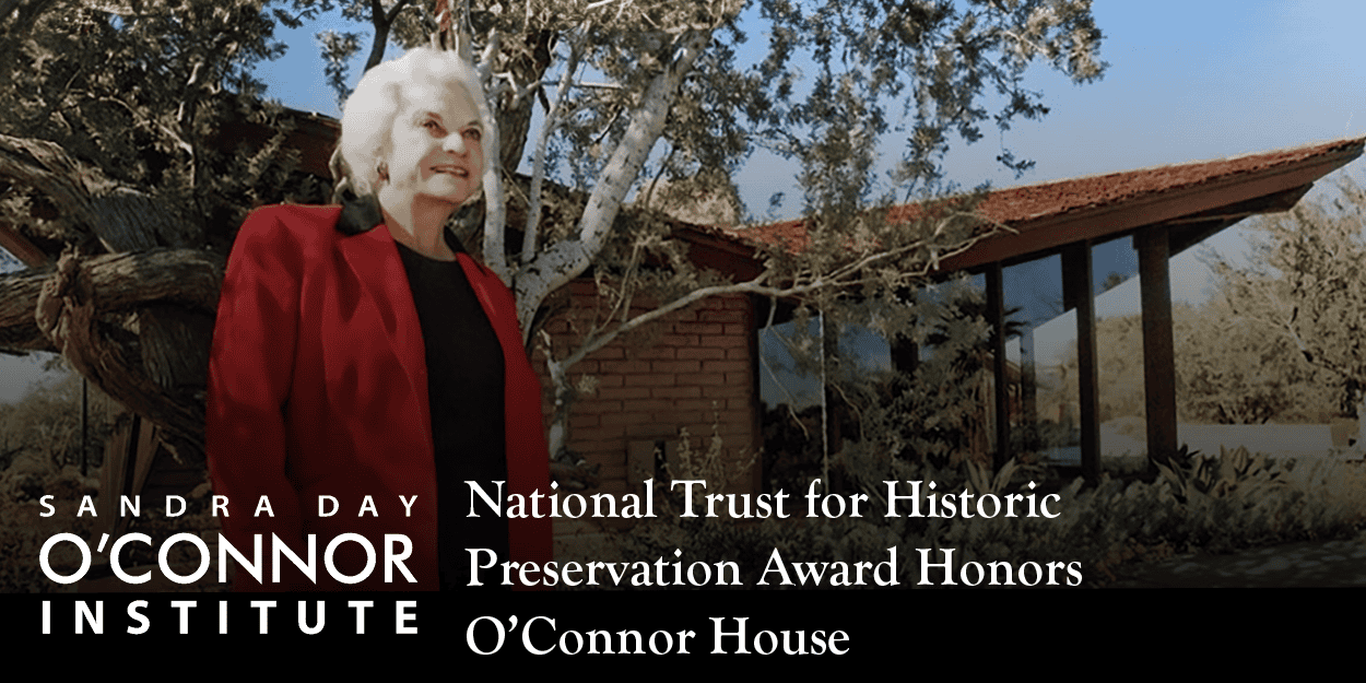An older woman in a red jacket stands outside a mid-century modern house, surrounded by greenery. Text reads: "Historic Preservation Award Honors O’Connor House - Sandra Day O’Connor Institute.