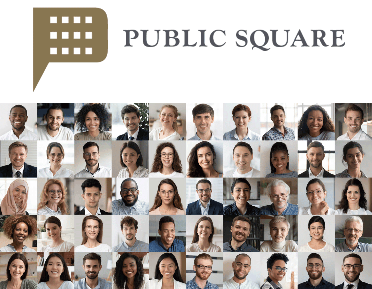 A collage of diverse individuals' headshots with a logo above reading "Public Square." The people are smiling and represent various ages and backgrounds, showcasing a sense of community and inclusion.