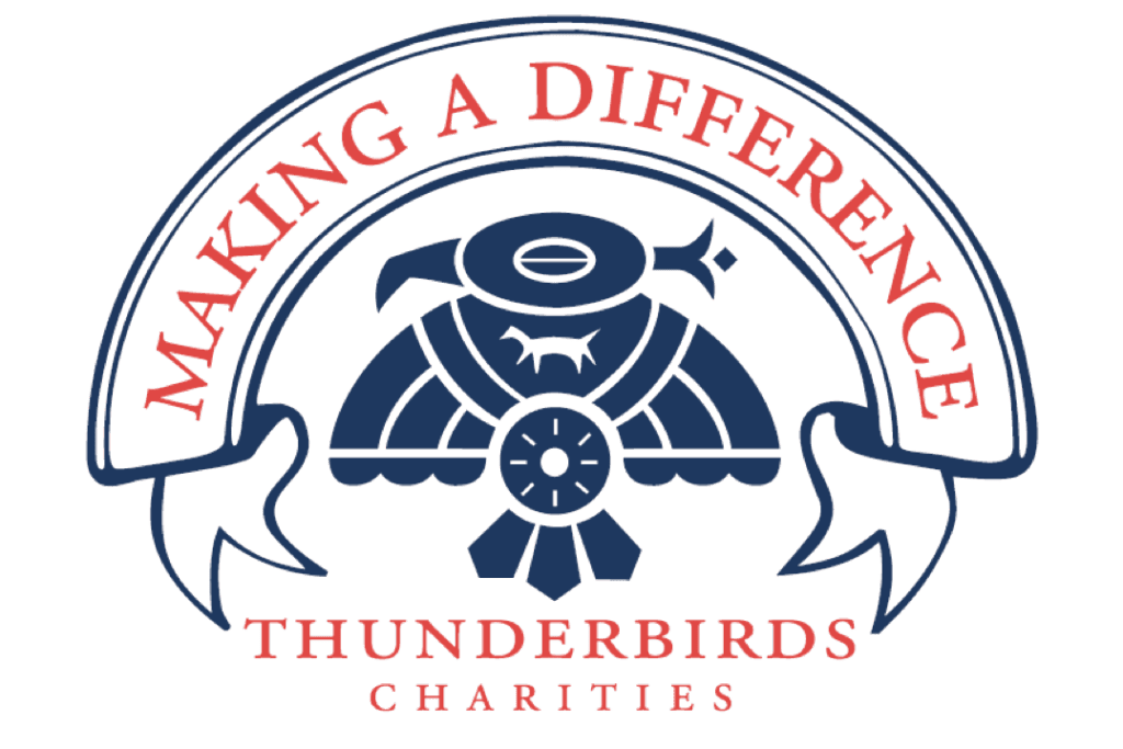 Logo with a stylized bird design in blue, featuring a white stag on its chest. A banner above reads "Making a Difference" in red. Below, "Thunderbirds Charities" is written in red capitals.