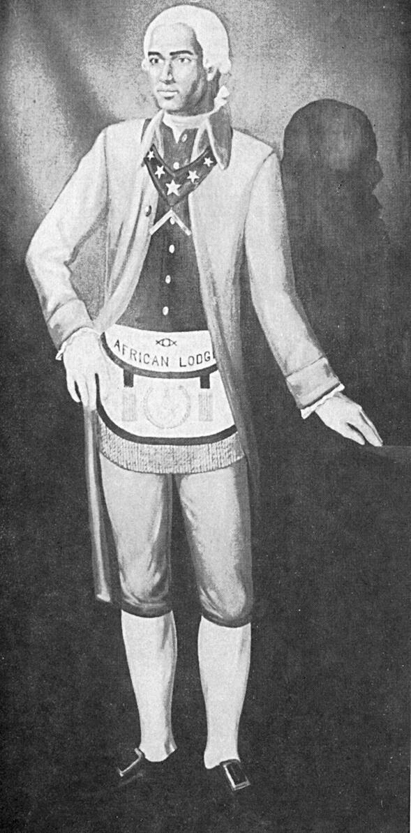 Black and white illustration of a man in 18th-century attire wearing a Masonic apron labeled "African Lodge," standing with one hand on a table and looking to the side—a compelling tribute for Black History Month.
