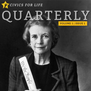 Black and white cover of Civics for Life Quarterly, Volume 1, Issue 1, featuring a person holding a scroll labeled "We the People.