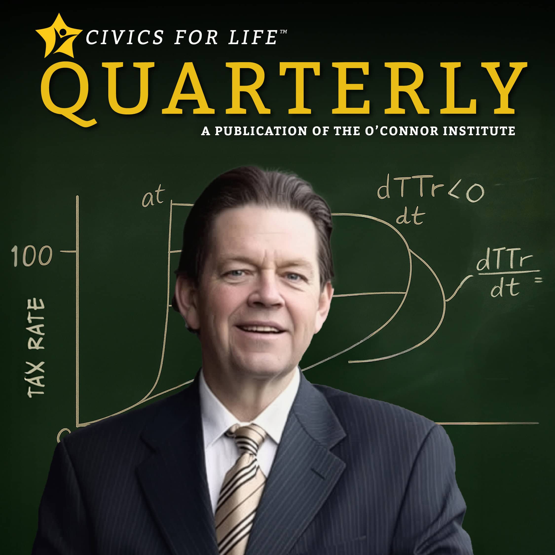 A man in a suit stands smiling in front of a chalkboard with economic graphs and equations, under the title “Civics for Life Quarterly: A Digital Publication of the O’Connor Institute.”.