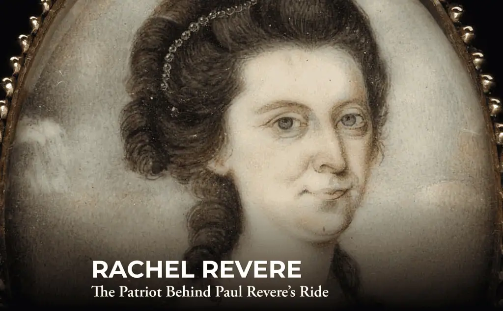 Portrait of a woman with dark hair in curls, wearing a light dress, with the text "Rachel Revere: The Patriot Behind Paul Revere’s Ride" at the bottom.