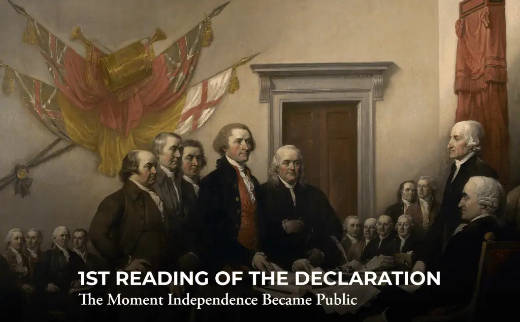 A historical painting shows men in colonial attire gathered indoors, some standing and some seated, with flags on the wall. Text reads “1st Reading of the Declaration: The Moment Independence Became Public.”.