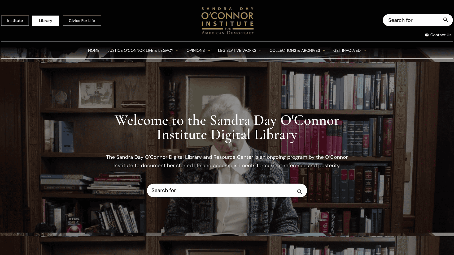 Homepage of the Sandra Day O'Connor Institute Digital Library. It features a search bar below text that welcomes visitors to the library. The background shows a person in front of bookshelves filled with books.