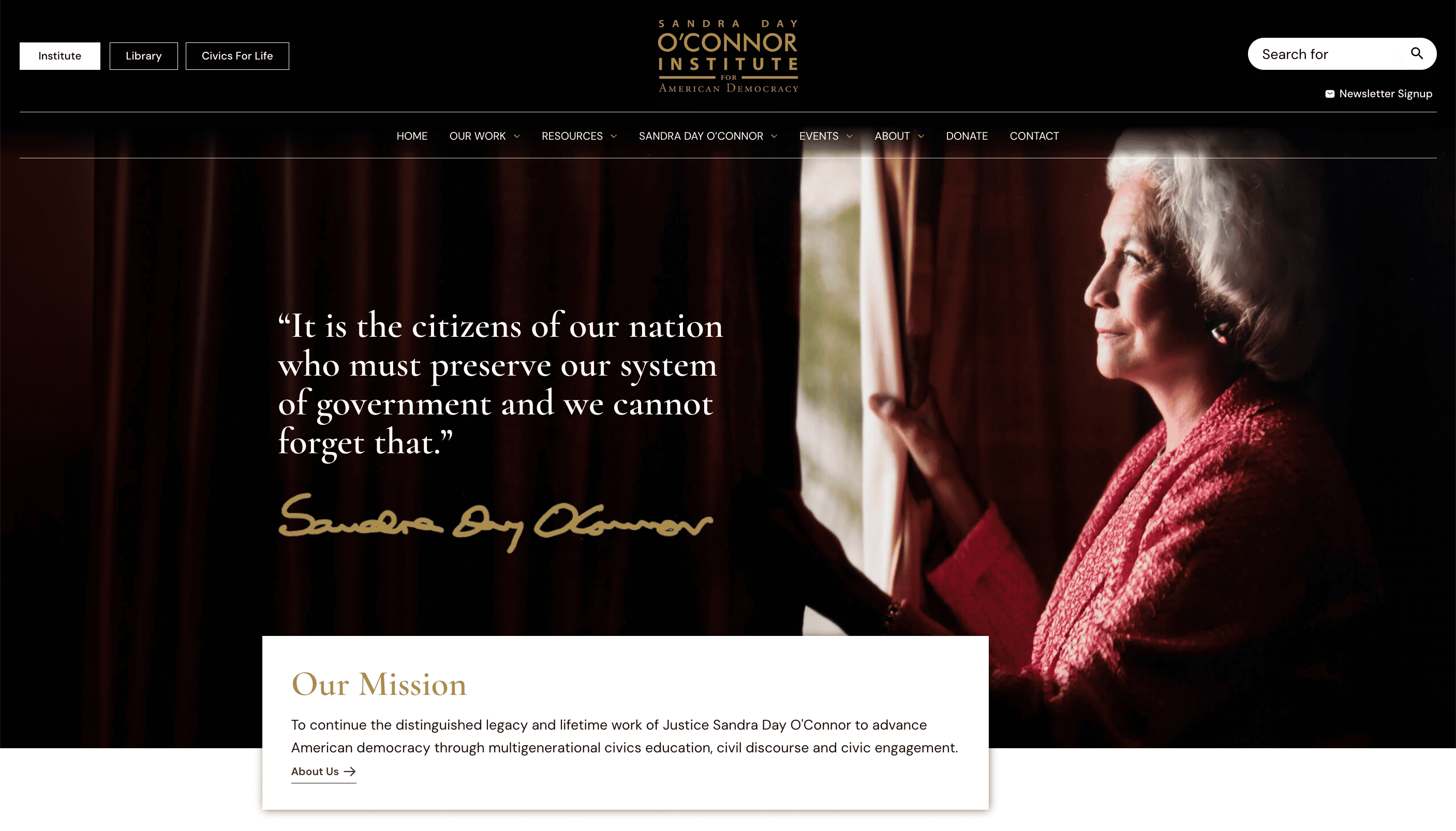A woman in a red outfit looks out a window. Text next to her reads, "It is the citizens of our nation who must preserve our system of government and we cannot forget that." The lower section has a mission statement about civic education and engagement.