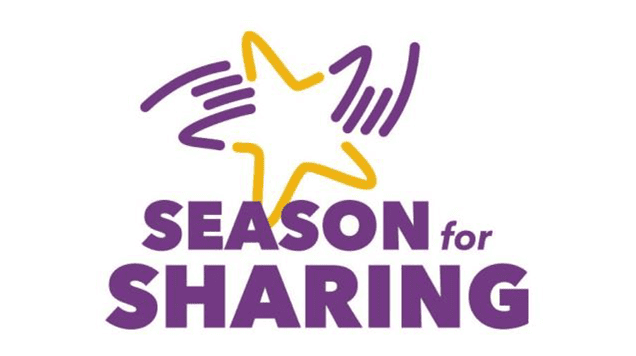 Illustrated image of a star with two hands reaching across it. Below the star, the text reads "Season for Sharing" in bold purple letters.