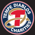 Logo of Tempe Diablos Charities featuring a large red "T" at the center, encircled by a swooping gold ribbon. The words "Tempe Diablos Charities" are written in white on a blue circle surrounding the "T." The background is black.