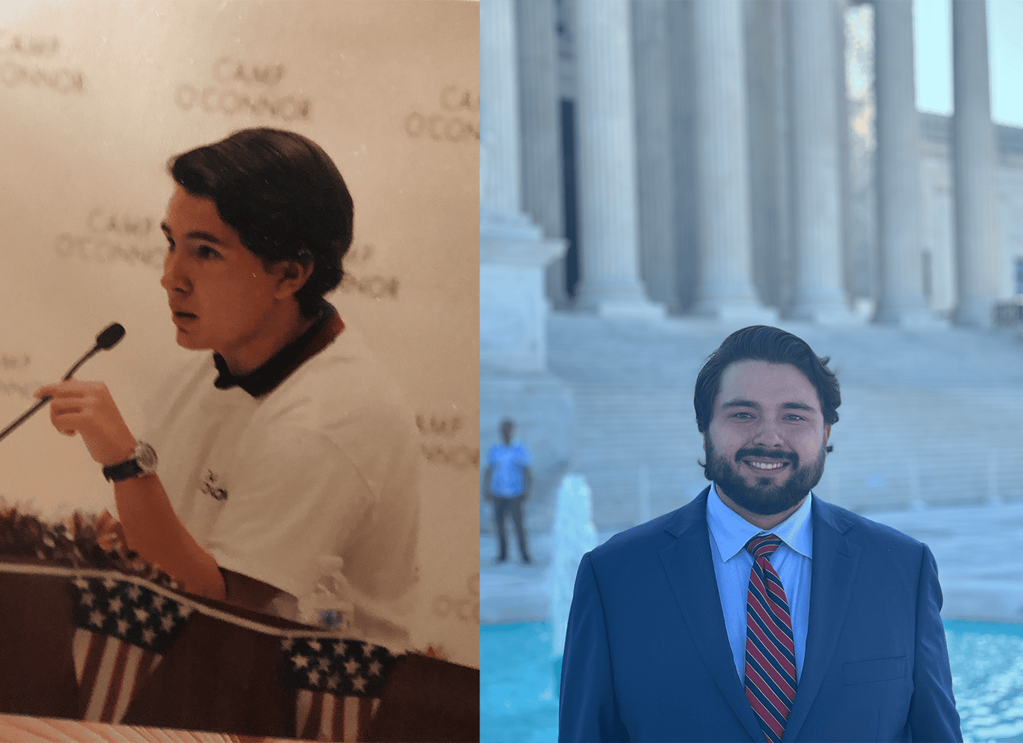 A side-by-side image shows a young man speaking at a podium on the left and the same man older, wearing a suit and tie, smiling in front of a building with columns on the right.