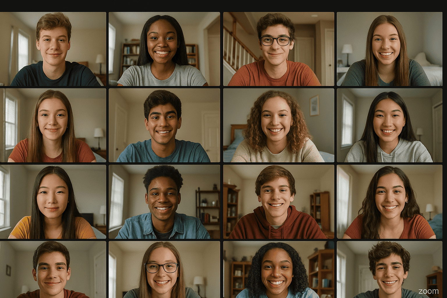 A grid of sixteen diverse young adults, Ambassadors, smiling at their cameras during a virtual video call, each in different home settings, suggesting a friendly online meeting or class session.