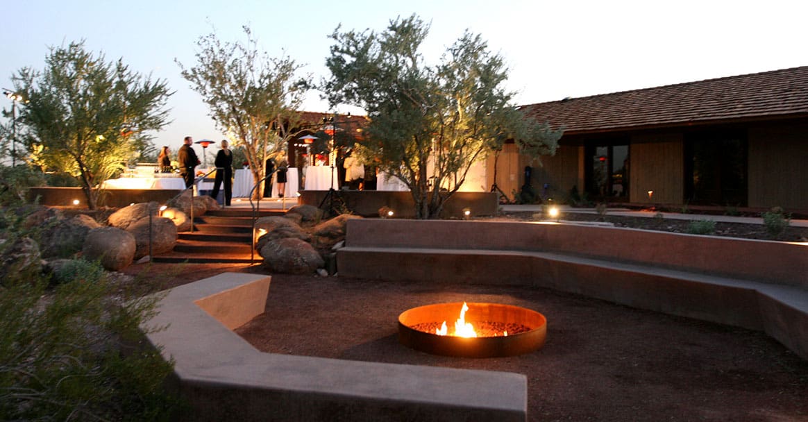 The grounds of the historic O'Connor House have been beautifully landscaped to expand event space while embracing the desert surroundings.