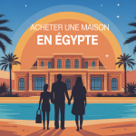 famille devant villa maison en egypte soleil palmiers