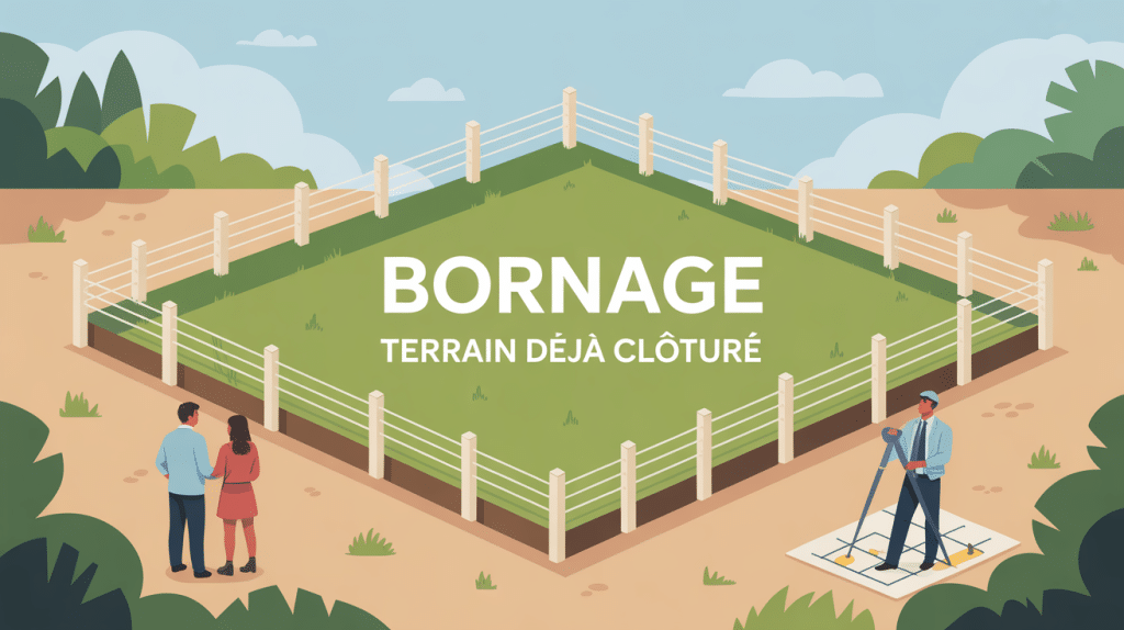 illustration bornage sur terrain déjà clôturé, géomètre et voisins