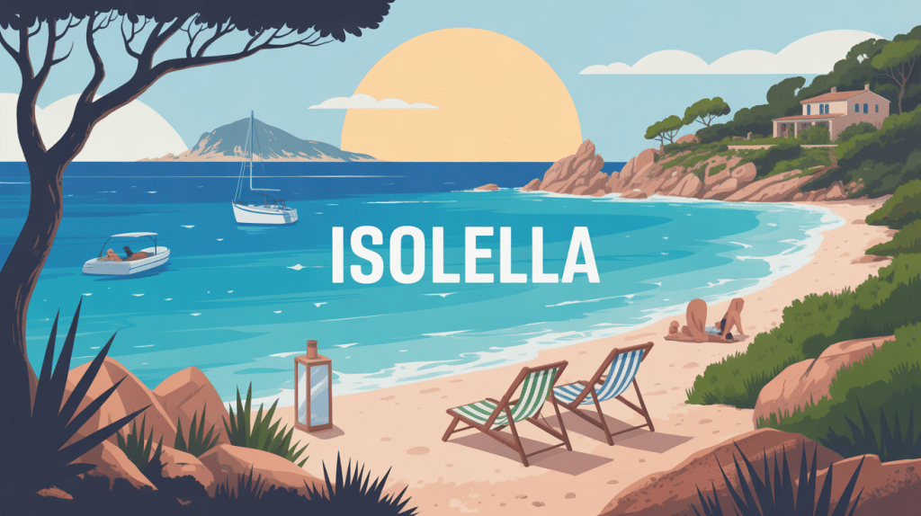 Vue panoramique stylisée d'Isolella avec plages et criques Corse