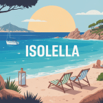 Vue panoramique stylisée d'Isolella avec plages et criques Corse