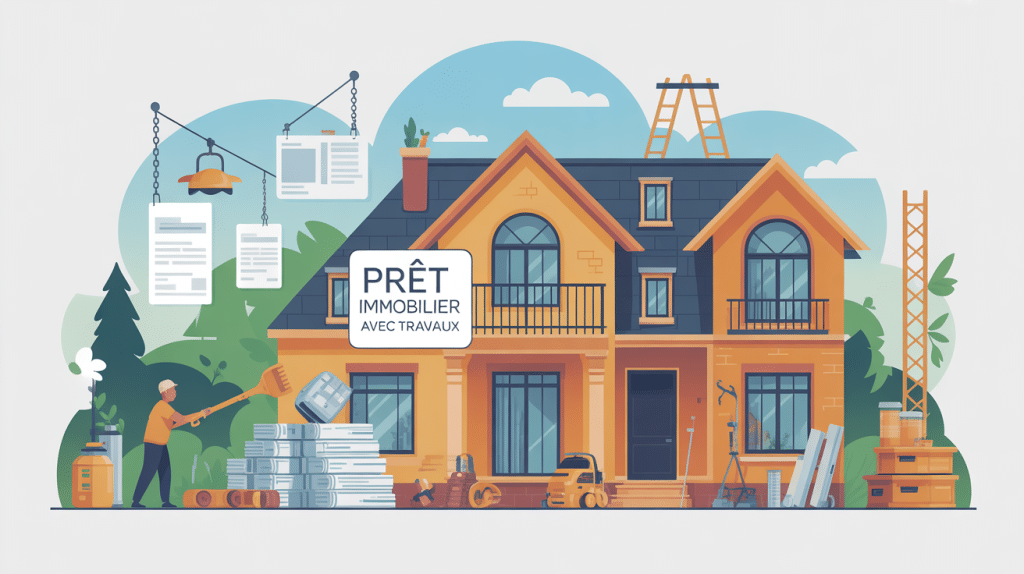 Illustration prêt immobilier avec travaux fait soi-même maison plans outils