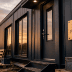 bungalow préfabriqué installé sur chantier en automne