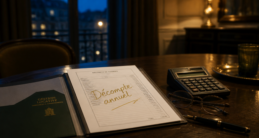 Décomptes de charges locatives sur table avec calculatrice