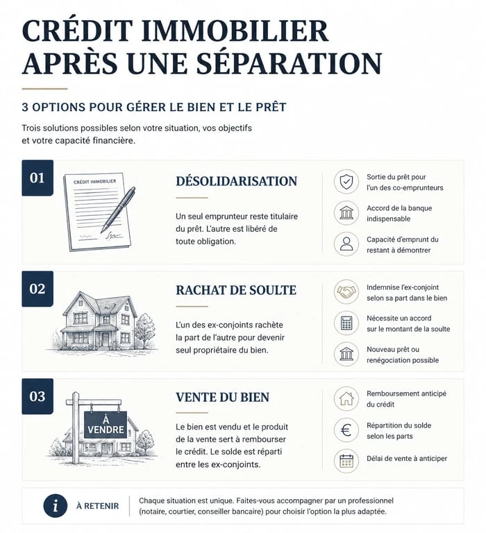 Infographie des solutions pour un crédit immobilier après une séparation : désolidarisation, rachat de soulte et vente