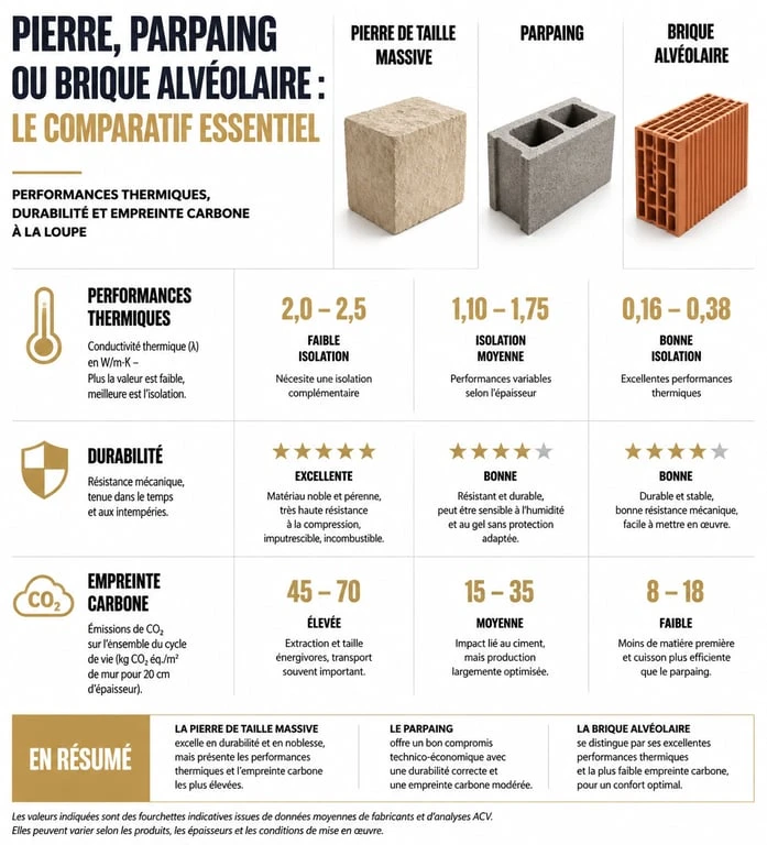 Comparatif des matériaux de construction : pierre de taille massive, parpaing et brique alvéolaire